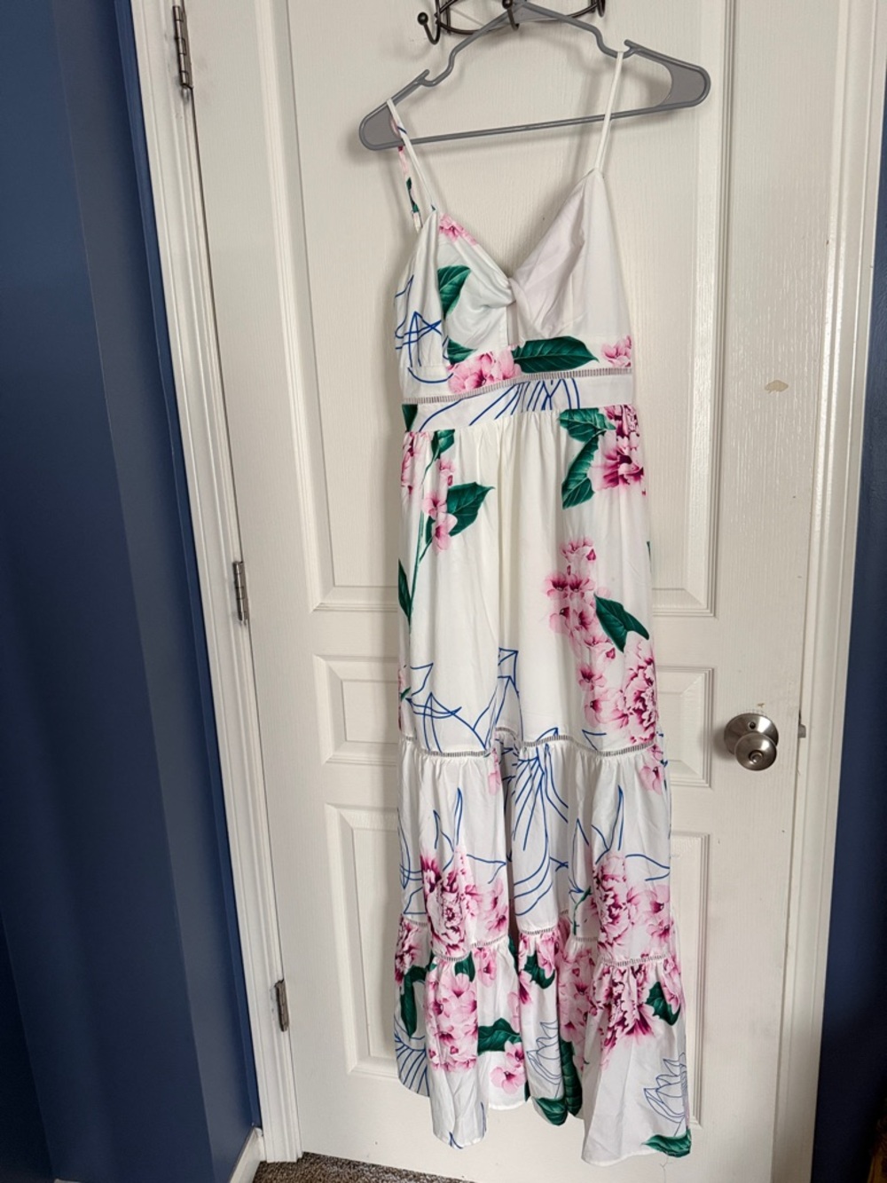White Floral Maxi Dress with Pink & Green Print